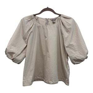HM Top Women‎ Large Beige Balloon Puff Sleeve Blouse Zip Up Minimalist Office
